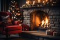 A close-up of a crackling fireplace, with stockings hung by the chimney and a comfortable chair for a cozy Christmas evening.