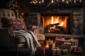 A close-up of a crackling fireplace, with stockings hung by the chimney and a comfortable chair for a cozy Christmas evening.