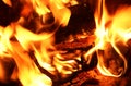 Close up on a crackling warm camp fire burning with red and orange flames Royalty Free Stock Photo