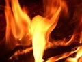 Close up on a crackling warm camp fire burning with red and orange flames Royalty Free Stock Photo