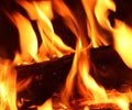 Close up on a crackling warm camp fire burning with red and orange flames Royalty Free Stock Photo