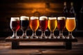 Close up of craft beer tasting flight at local brewery pint glasses in a row Royalty Free Stock Photo