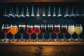 Close up of craft beer tasting flight at local brewery pint glasses in a row Royalty Free Stock Photo