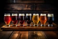 Close up of craft beer tasting flight at local brewery pint glasses in a row Royalty Free Stock Photo