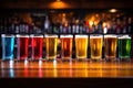 Close up of craft beer tasting flight at local brewery pint glasses in a row Royalty Free Stock Photo