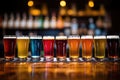 Close up of craft beer tasting flight at local brewery pint glasses in a row Royalty Free Stock Photo