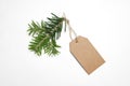 Close-up of craft paper gift tag with rope and green fir branch isolated on white background. Christmas composition, top