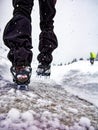 Close-up of crampons in a winter trekking