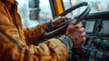Close-up of the crane operator& x27;s hands controlling the lever