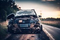 Close-up of a crashed car on the side of the road in the countryside, ai generative illustration
