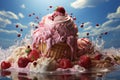 Close up of crazy giant ice cream in large plate with waffle cone, red fruits, caramel sause. Tasty delicious and high