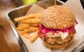 Close up of Creamy blue cheese Hamburger and French fries