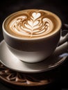 A close-up of a creamy flat white's detailed latte art design, generative AI