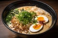 close-up of creamy and rich tonkotsu ramen, with toppings of bean sprouts and green onions