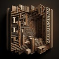 Close up of creative brown wooden labyrinth maze, made of different books, isometric view. Black background, square AI generative