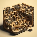 Close up of creative brown wooden labyrinth maze, made of different books, isometric view. Light background, square AI generative