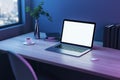 Close up of creative designer desktop with  white mock up laptop screen and other items. Workplace concept. 3D Rendering Royalty Free Stock Photo