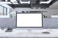 Close up of creative marble designer desktop with clean white mock up computer monitor and supplies in modern coworking office Royalty Free Stock Photo