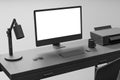 Close up of creative minimalistic designer workplace with furniture, empty white mock up computer monitor and other items. 3D