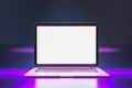 Close up of creative neon purple light gaming laptop with empty white mock up screen.