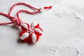 Close-up of creative red and white Martisor ornaments, Romanian, Moldavian springtime tradition