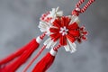 Close-up of creative red and white Martisor ornaments, Romanian, Moldavian springtime tradition