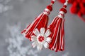 Close-up of creative red and white Martisor ornaments, Romanian, Moldavian springtime tradition