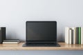 Close up of creative wooden designer desk with books and empty mock up laptop screen on white concrete wall. Royalty Free Stock Photo