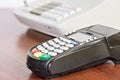 Close-up of credit card reader on the cash register background. Royalty Free Stock Photo