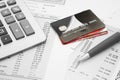 Close up of a credit cards with credit card statements,pen and c Royalty Free Stock Photo