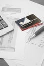 Close up of a credit cards with credit card statements,pen and c Royalty Free Stock Photo