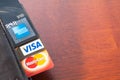 Close up of credit cards , master card, VISA and american express Royalty Free Stock Photo