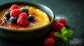 Close-up a creme brulee dish, presented with a topping of fresh berries, adding color and flavor to the dish, on a dark surface