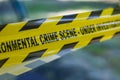 Yellow police line tape.Crime scene with blurred light background. Royalty Free Stock Photo