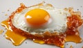 Close-up of a crispy fried egg with a runny yolk on a white surface