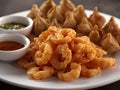 Close Up of Crispy Fried Shrimp and Appetizers with Dark Dipping Sauce Royalty Free Stock Photo