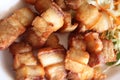 Close up of Crispy fried streaky pork recipe