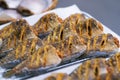 Close up of crispy gourami fish or Sepat Siam fish or Pla salid thai street food market