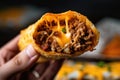 close-up of crispy taco shell, filled with seasoned ground beef and melted cheese