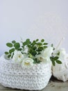 Close up crochet white basket with branch of white shrub rose,a ball of white yarn and a crochet hook on wooden table Royalty Free Stock Photo