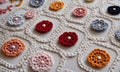 close-up of crocheted flowers on a white fabric Royalty Free Stock Photo