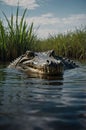 Alligator Waiting in the Water with Reeds Growing Wildly Behind It. Royalty Free Stock Photo