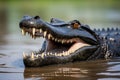 Close up of a crocodile in the water, Kruger National Park, South Africa, Closeup of a Black Caiman profile with open mouth