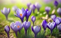 Close-up crocus flowers illuminated by light