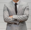 Close-up cropped Caucasian hands and arms of businessman in a su Royalty Free Stock Photo