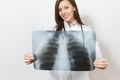 Close up cropped doctor woman with X-ray of lungs, fluorography, roentgen isolated on white background. Female doctor in