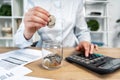 Close up cropped photo of banker investor lady in her formalwear shirt she sit behind table in bright loft interior workstation t