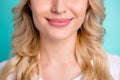 Close up cropped photo of charming pretty cute nice girl demonstrated pouted plump pomade lips after bodycare botox Royalty Free Stock Photo