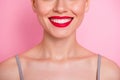 Close up cropped photo of cheerful girl visit dental medical clinic have implantology procedure veneers enjoy her teeth