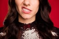 Close up cropped photo of wavy hairdo young person teeth grin mouth isolated on red color background